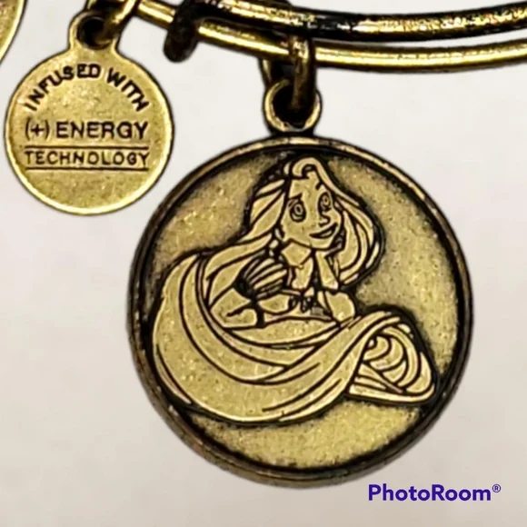 Disney ALEX AND ANI Princess Rapunzel Gold Tone Bangle Charm Bracelet RETIRED